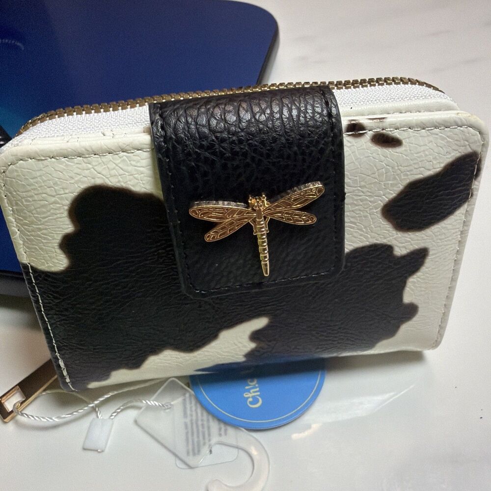 Chic Cowgirl Rodeo Cow Print Wallet NWT Gold Dragonfly Zip Around Bifold